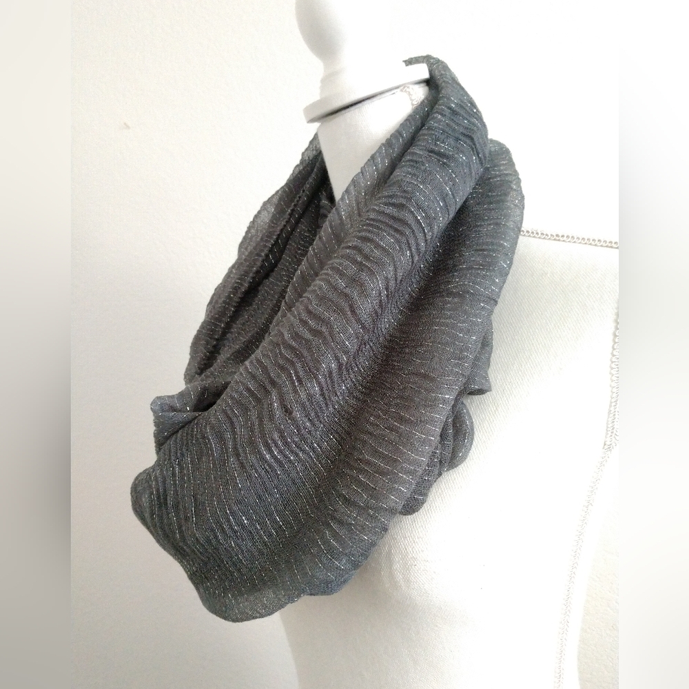 Grey with Silver Metallic Sparkle Pleated Infinity Scarf Circle Loop Fashion